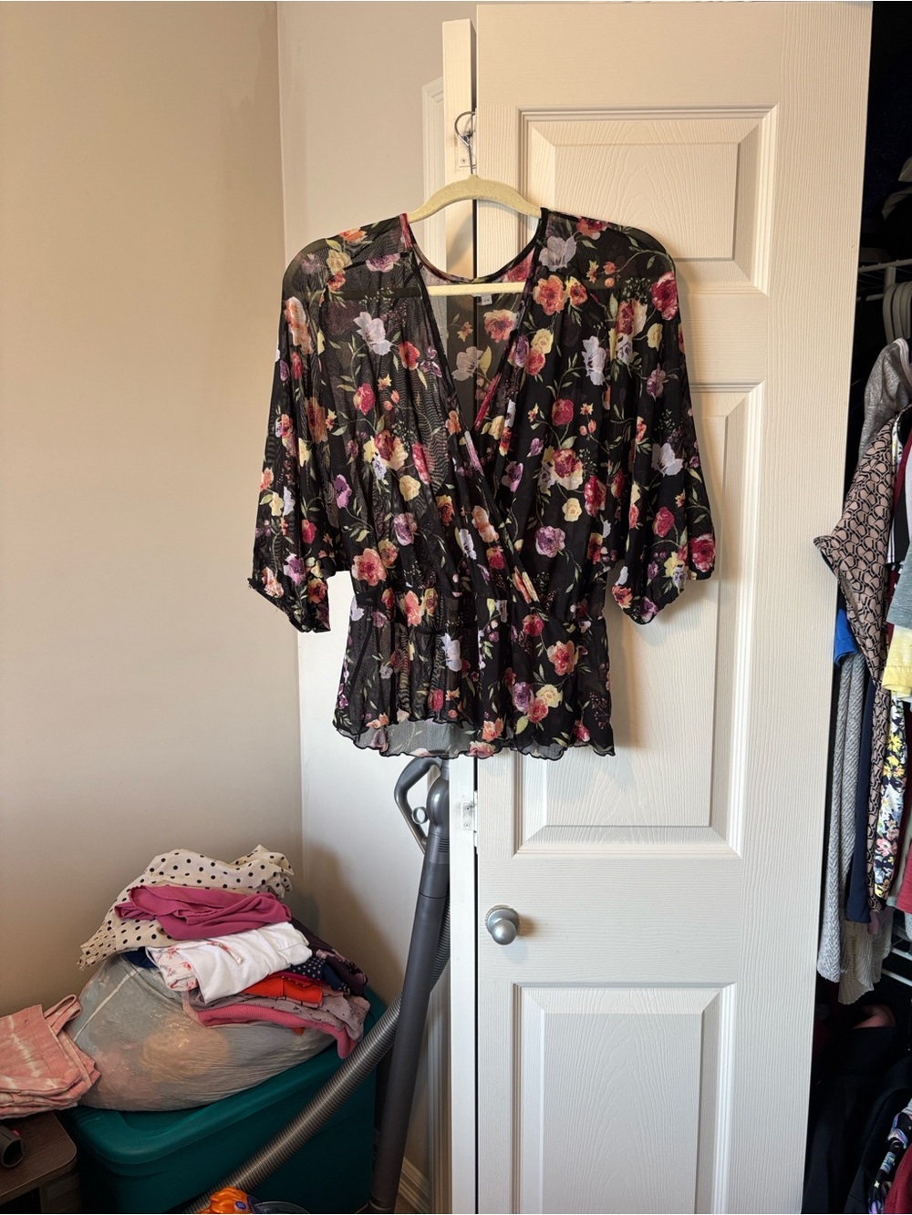 Reitmans Black Floral Faux-Wrap Peplum Blouse